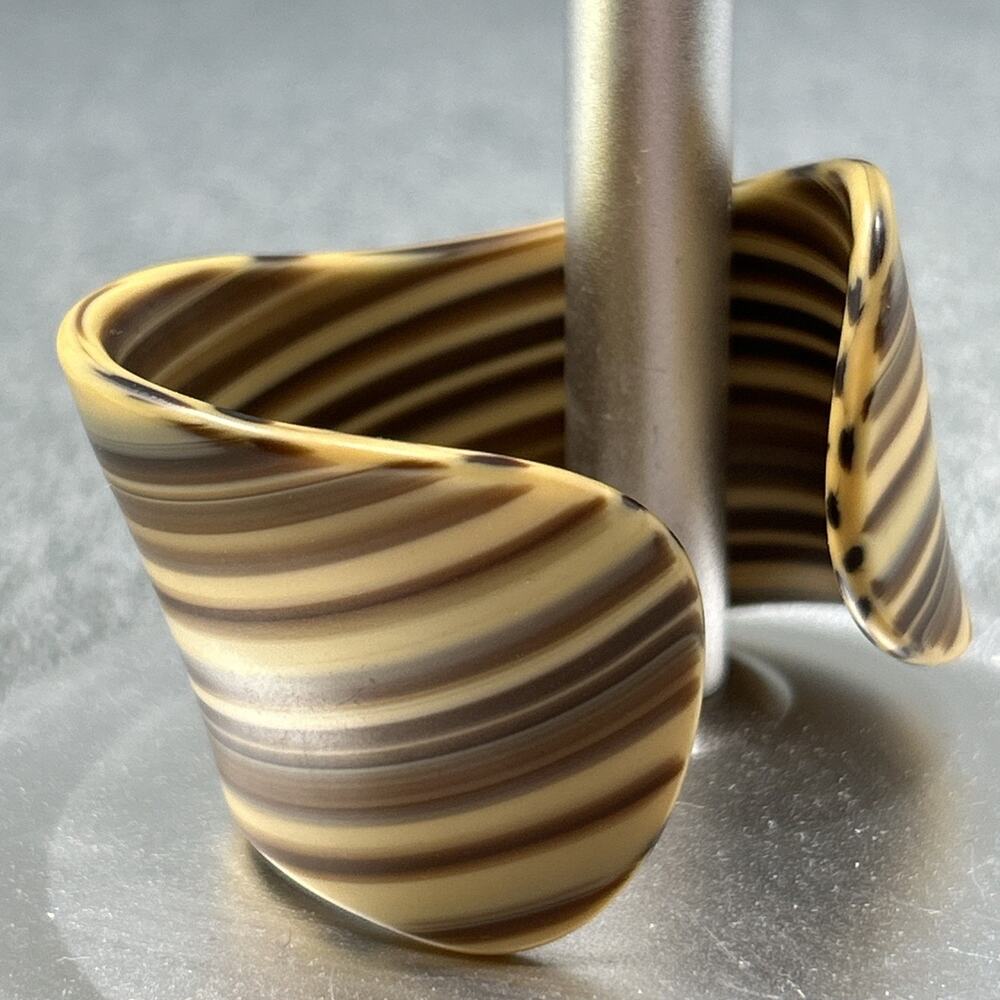 Vintage Striped Cuff Bracelet Chunky Brown Faux Horn Wave Statement 2.25"